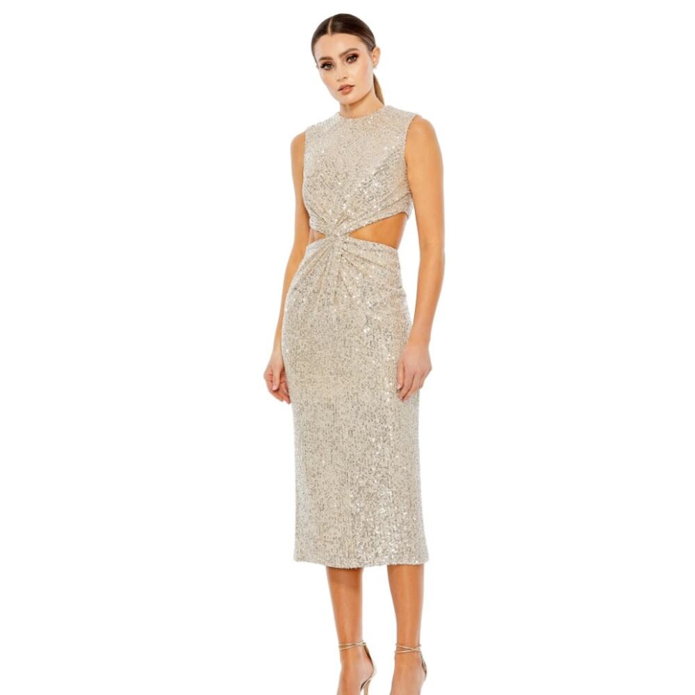 NWT Mac Duggal High-Neck Midi Sequin Party Dress Nude Size 6